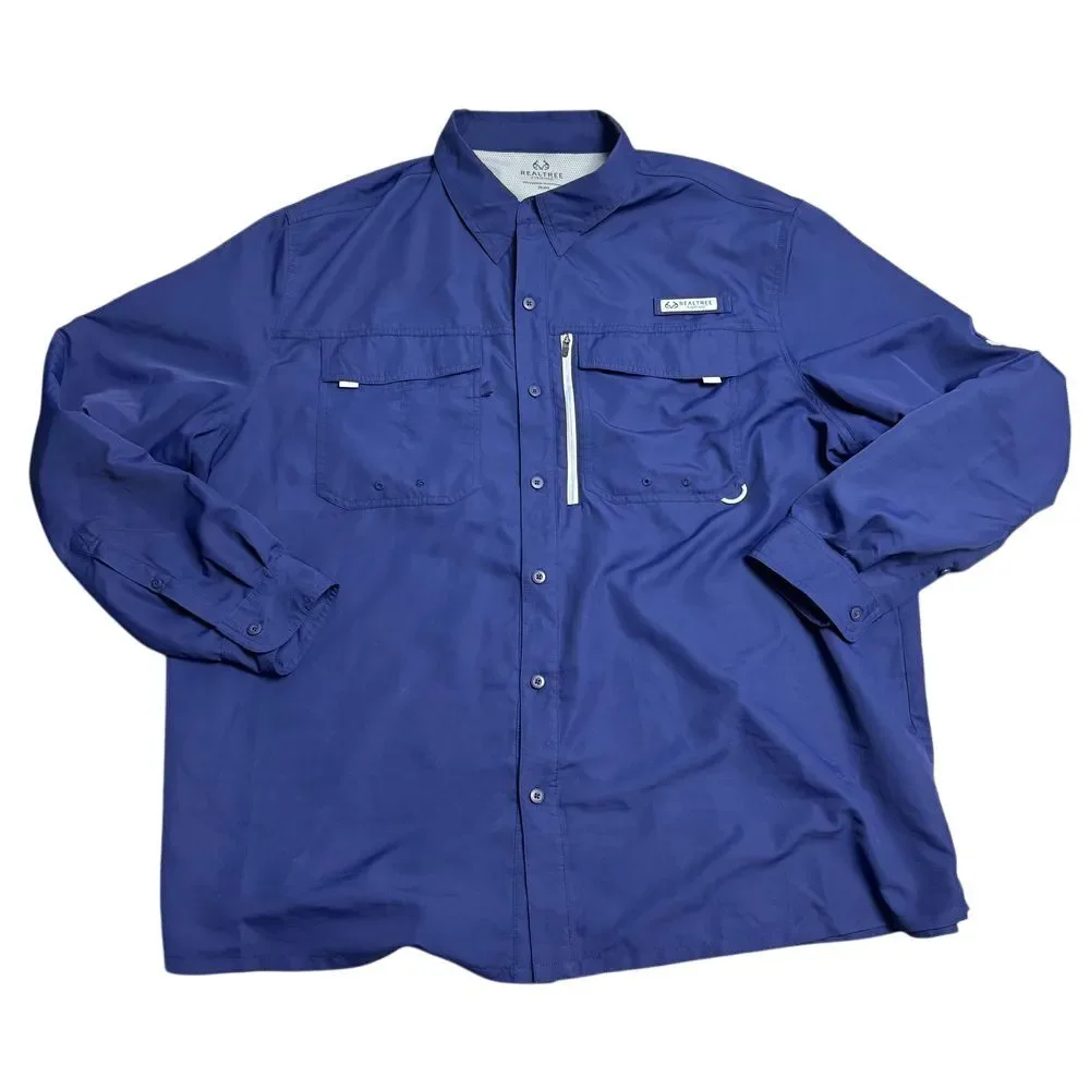 Realtree Fishing Performance Button Down Shirt Navy Blue Long Sleeve 2XL‎